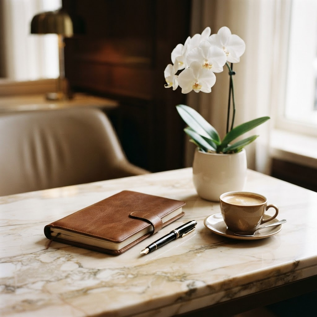 An elegant concierge desk with a leather journal, fountain pen and a fresh white orchid