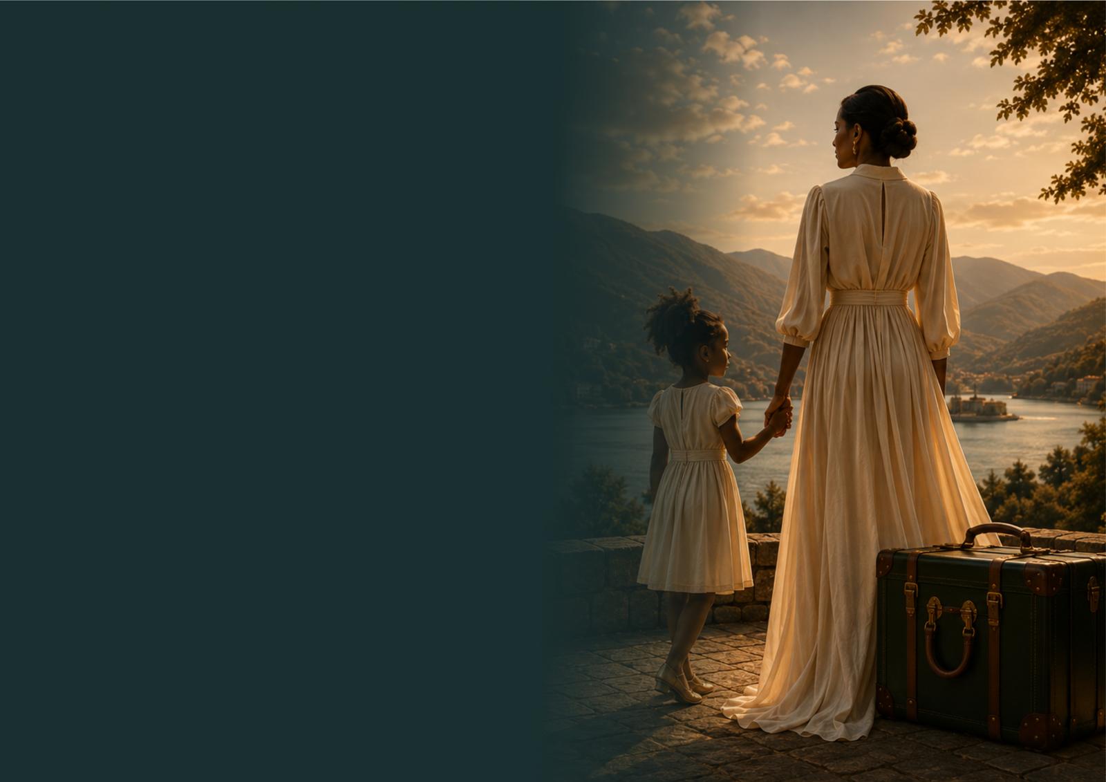 A mother and daughter overlooking a mountain lake at golden hour with their luggage