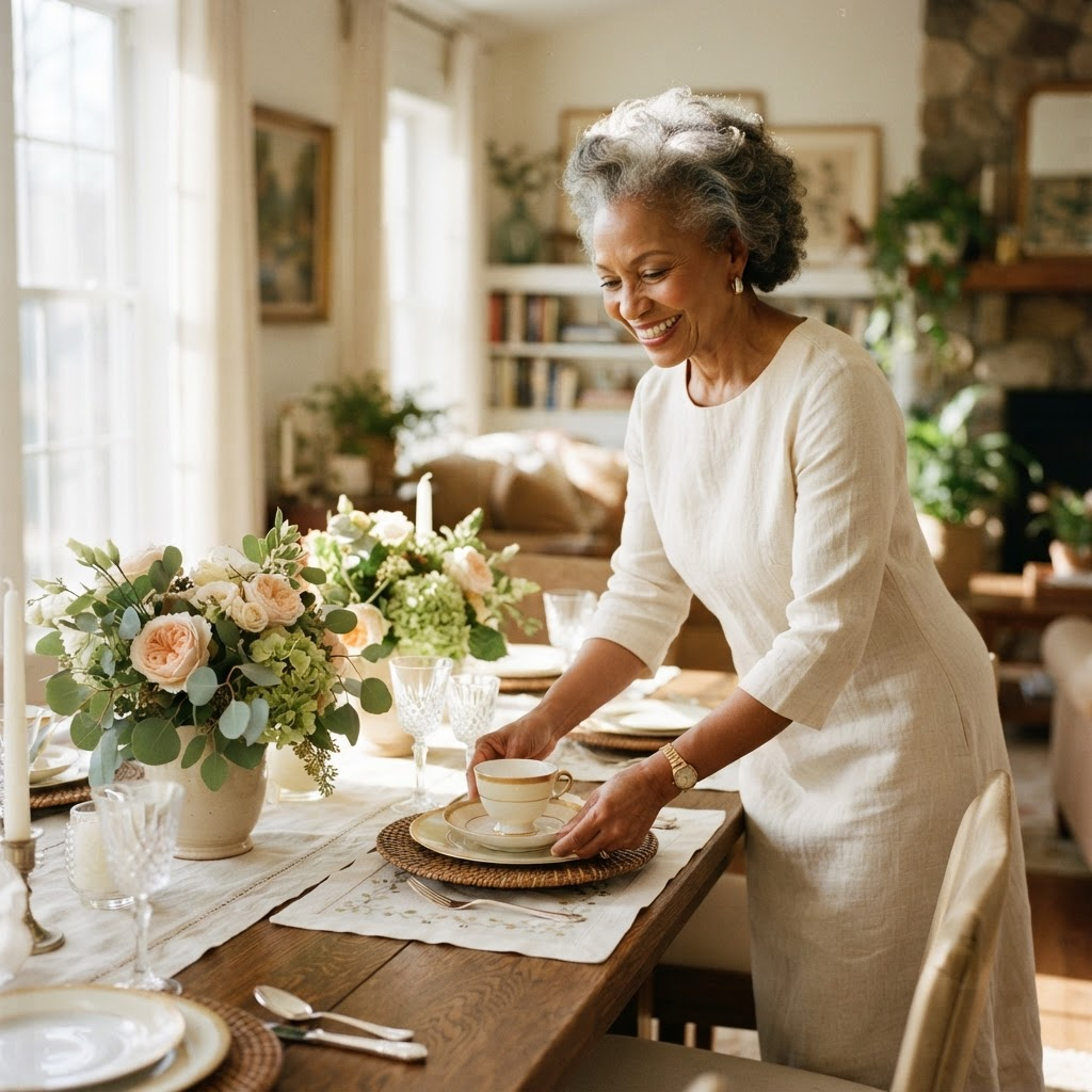An elegant older woman warmly setting a beautiful table with fresh flowers in a sunlit home