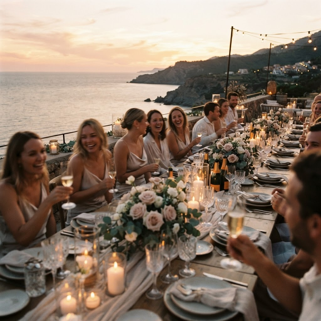 An intimate private celebration dinner on a terrace overlooking the sea at golden hour