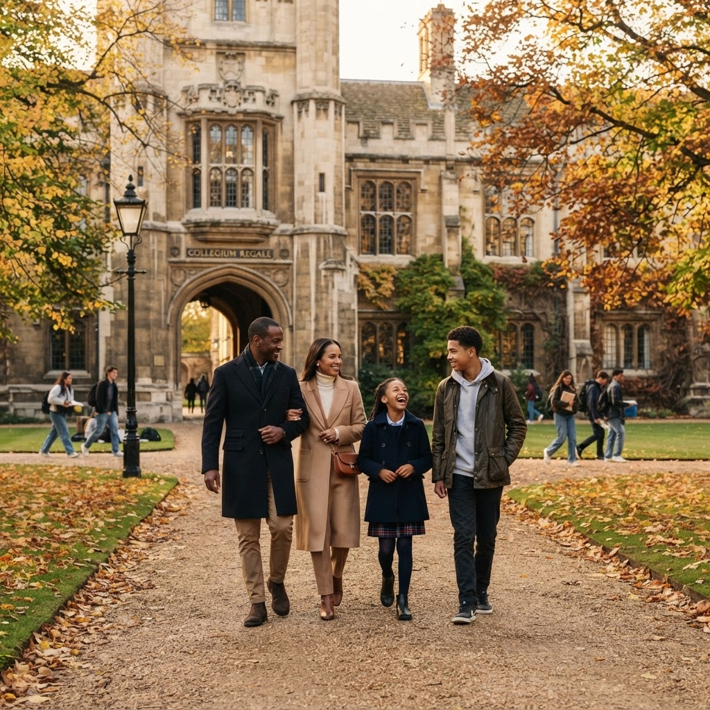 An elegant family walking through the autumn grounds of a historic school campus