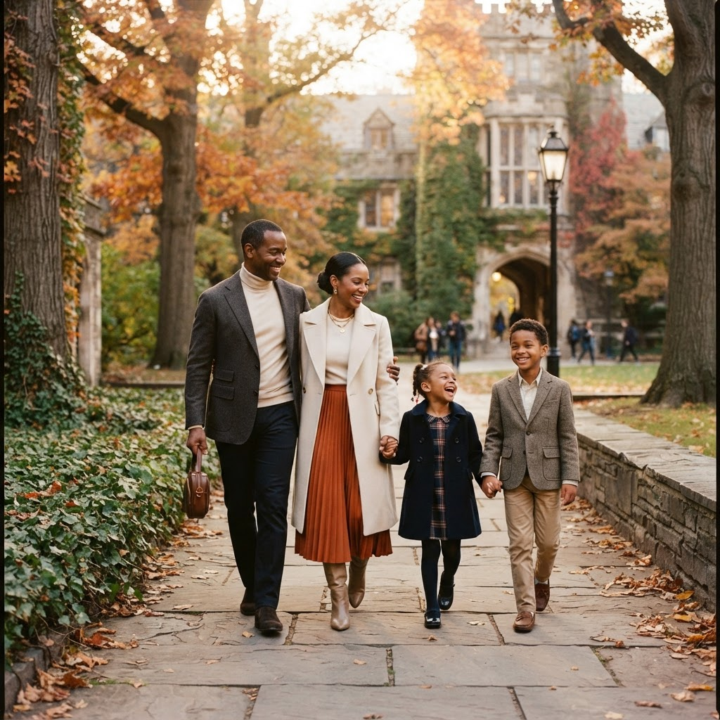 An elegant family walking together through the grounds of a prestigious university