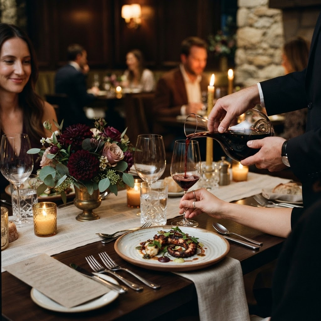 An intimate fine dining table set with candlelight and crystal glassware