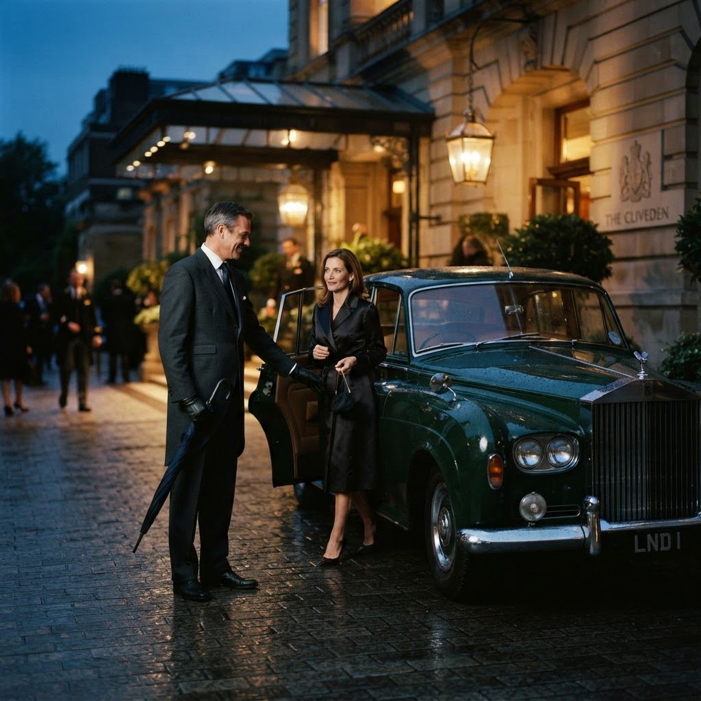 A chauffeur in a tailored suit opening the door of an elegant car outside a grand hotel at dusk